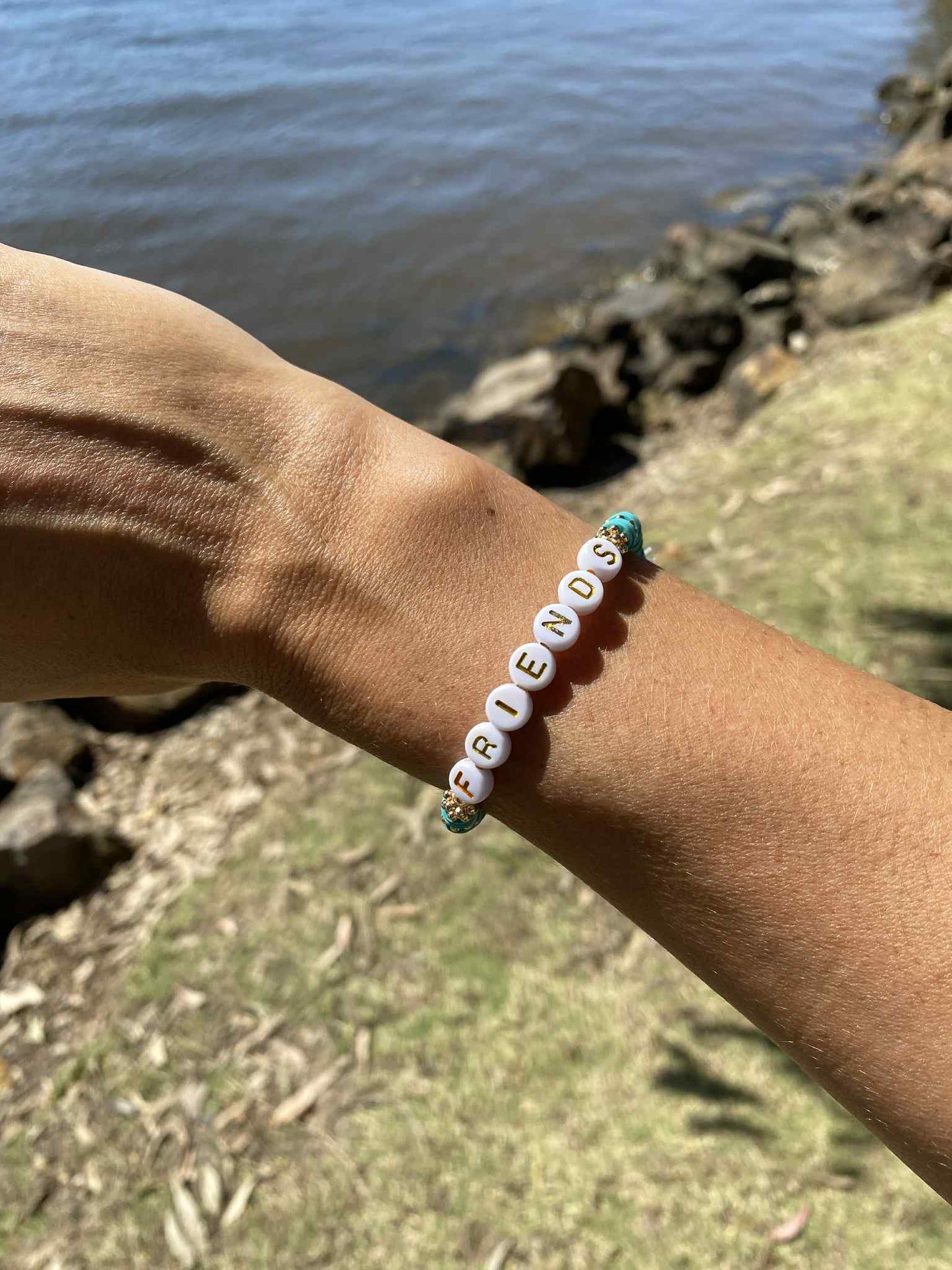 Aqua blue FRIENDS beaded stretch bracelet Romy