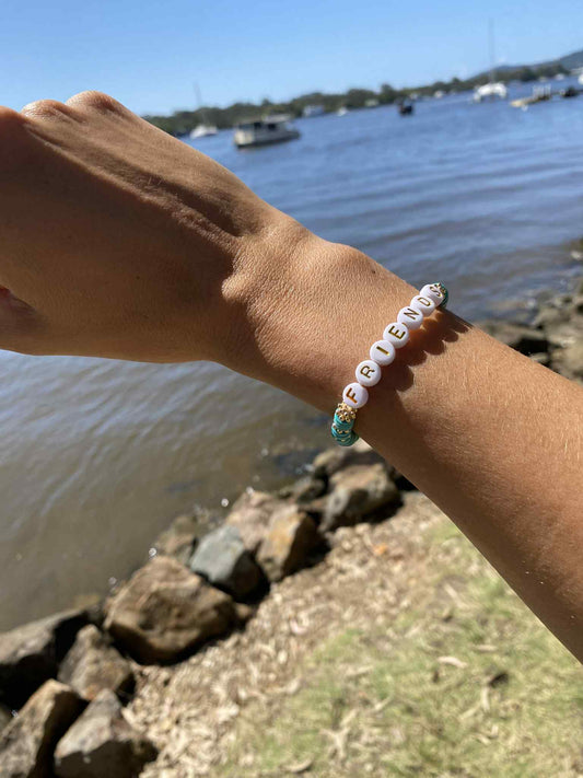 Aqua blue FRIENDS beaded stretch bracelet Romy