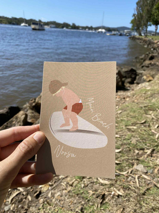 Toddler surfer, Main beach Noosa, ecofriendly postcard