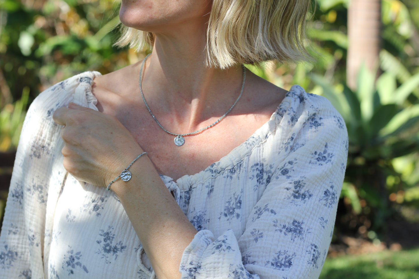 Aqua light blue silver necklace and bracelett Sunday Mood water safe jewelry Alba