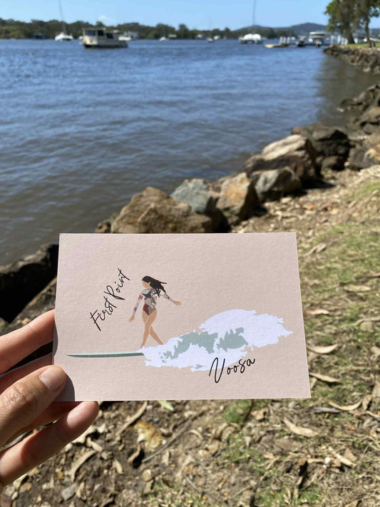 Longboarder woman, First Point Noosa, ecofriendly postcard