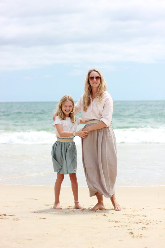 Long woman beige skirt Harriet, double cloth fabric with golden elastic