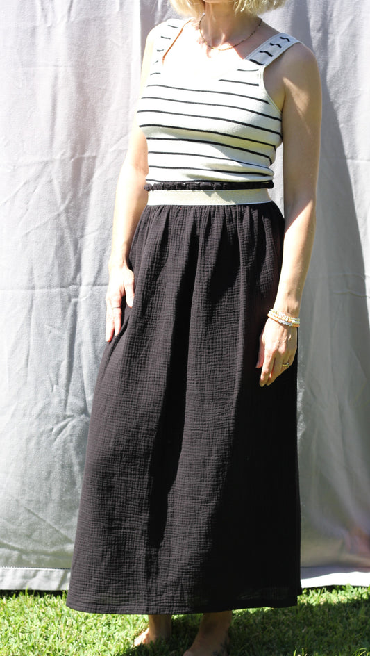 Long woman black skirt Harriet, double cloth fabric with golden elastic