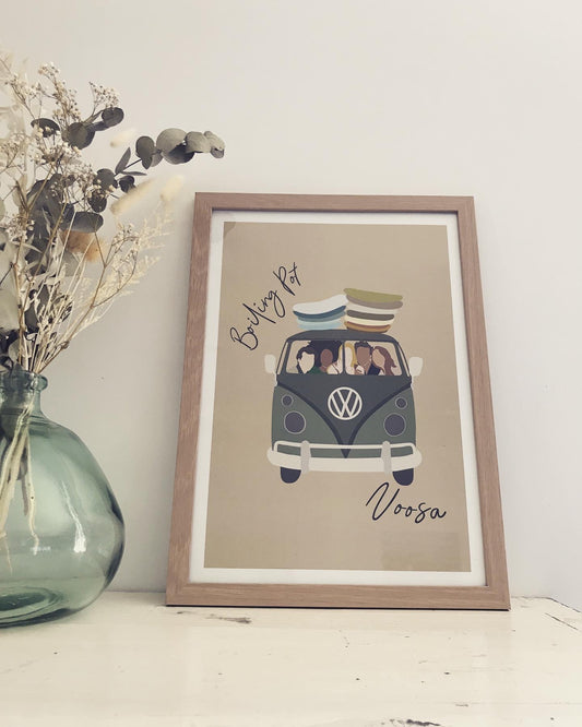 VW van with friends and surfboards, Boiling Point Noosa, ecofriendly poster A3