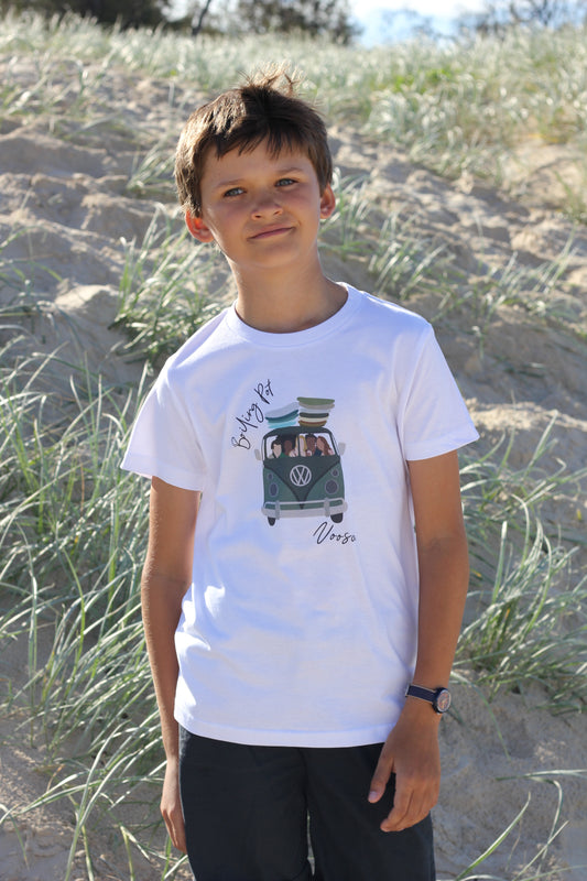 Printed VW van with friends and surfboards, white cotton, Kids T-shirt, Leonard