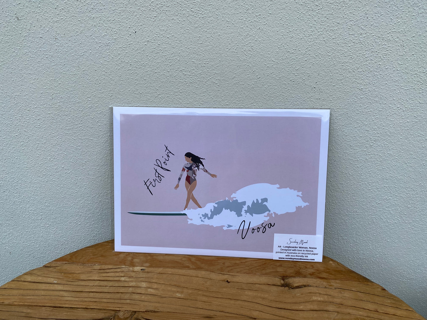 Longboarder woman, First Point Noosa, ecofriendly poster A4