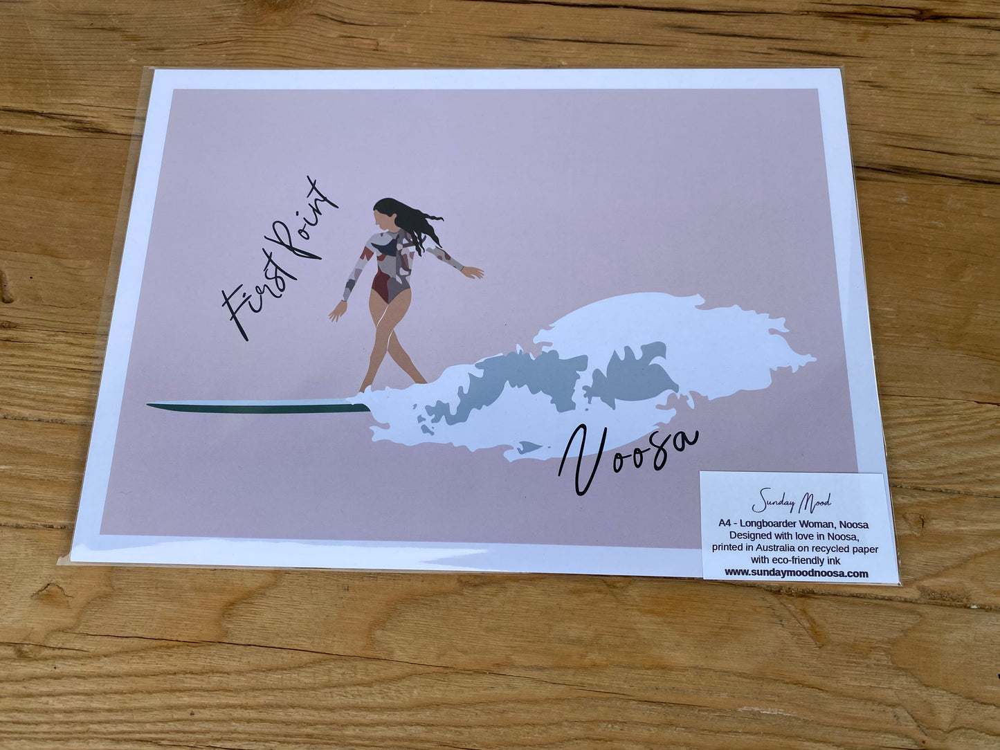 Longboarder woman, First Point Noosa, ecofriendly poster A4