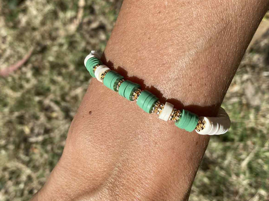 Eucalyptus green and white beaded stretch bracelet Romy