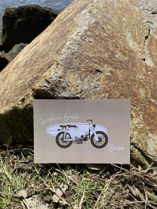 Honda with surfboard, Sunshine beach, Noosa, ecofriendly postcard