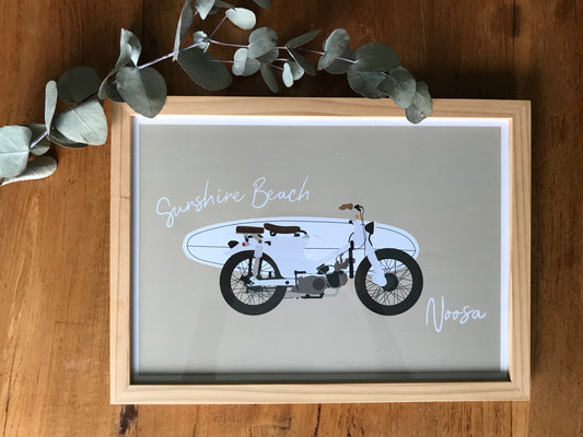 Honda with board, Sunshine beach, Noosa, ecofriendly poster A4