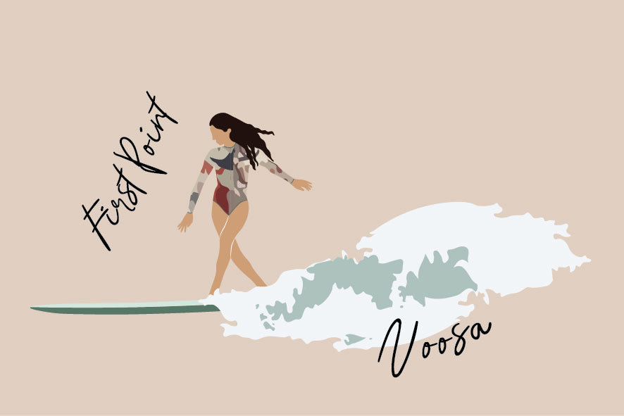 Longboarder woman, First Point Noosa, ecofriendly postcard