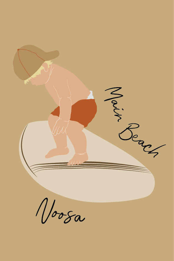 Toddler surfer, Main beach Noosa, ecofriendly postcard
