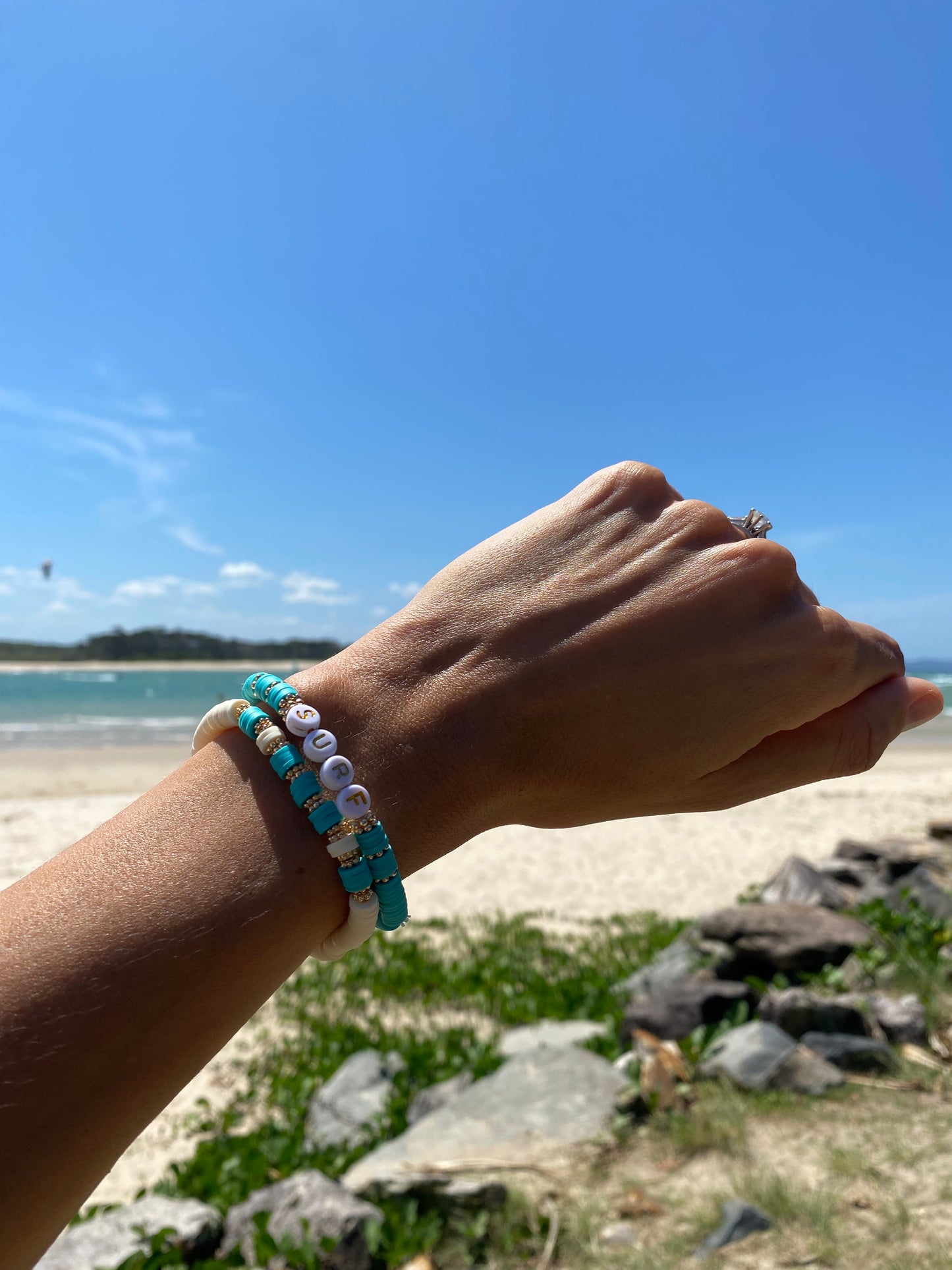 Aqua blue SURF beaded stretch bracelet Romy
