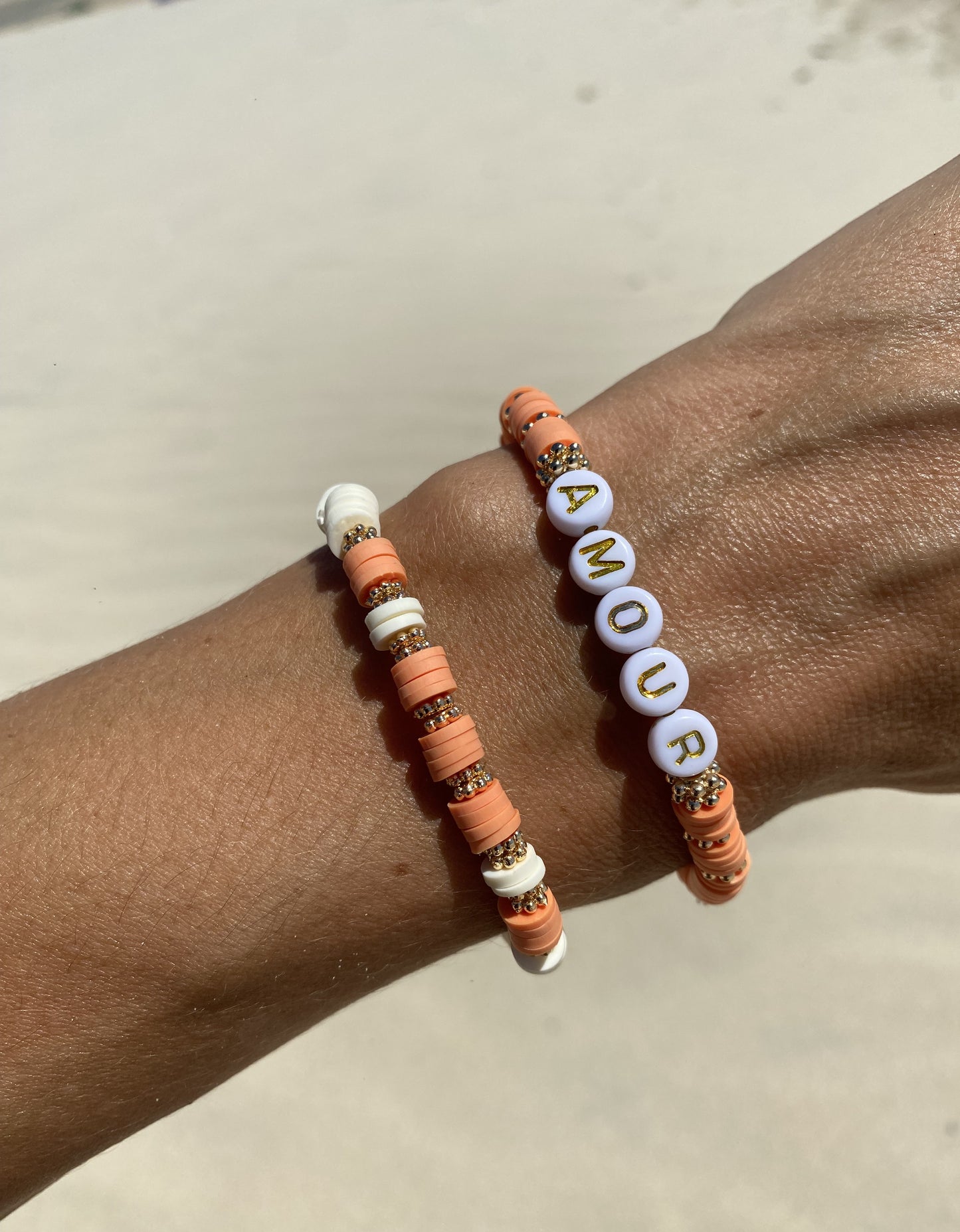 Peach pink and white beaded stretch bracelet Romy