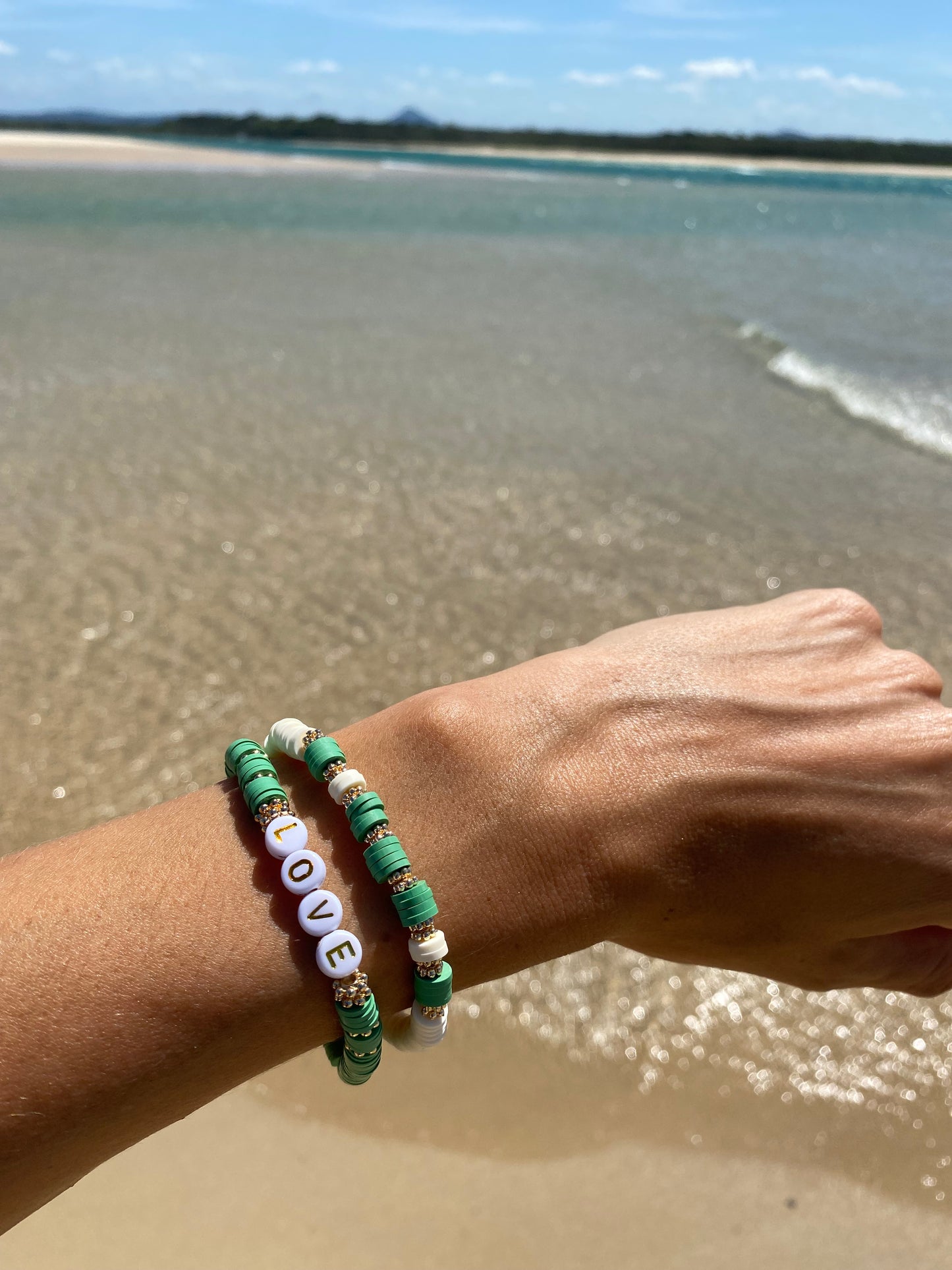 Eucalyptus green LOVE beaded stretch bracelet Romy