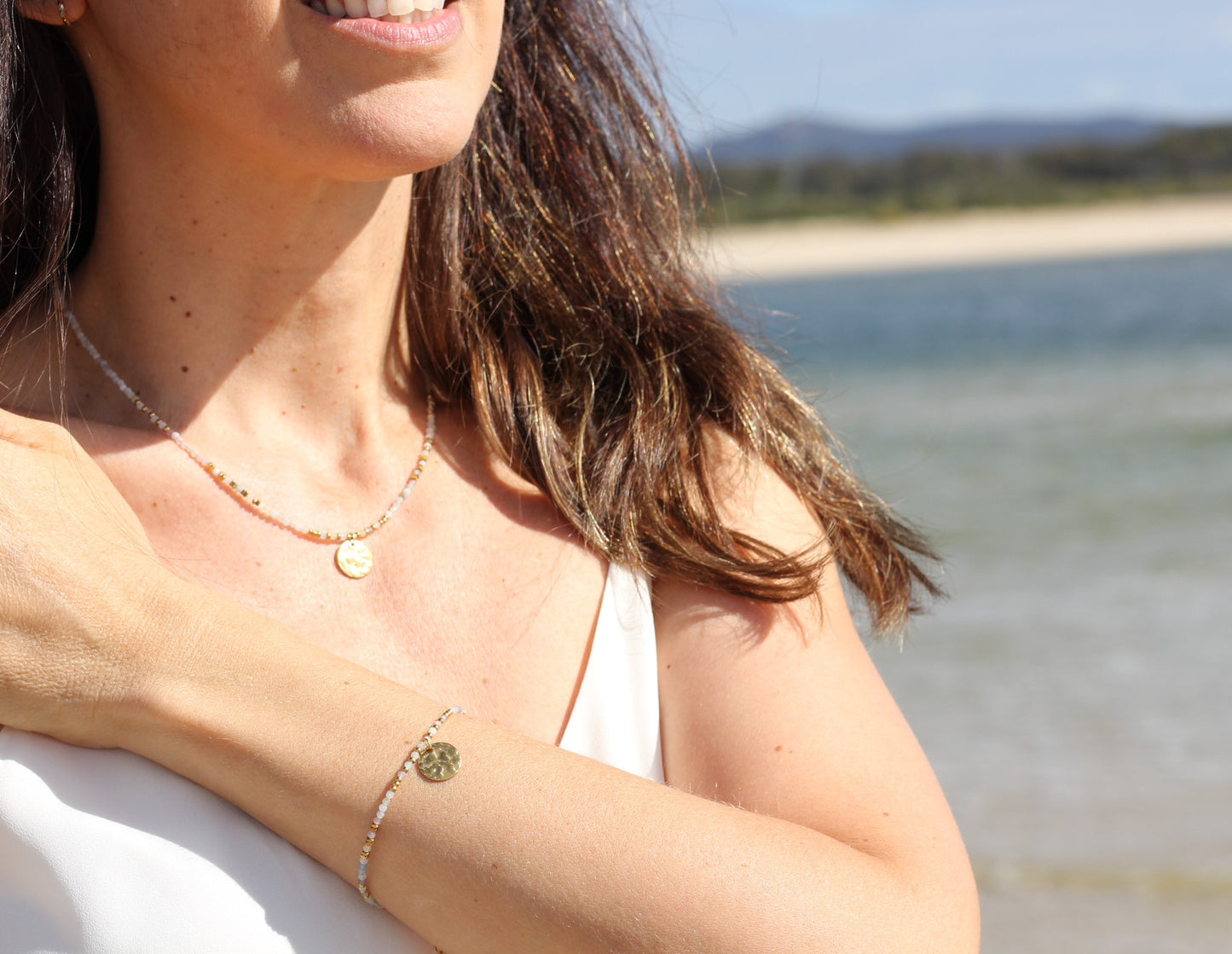 Golden “soft early morning”, natural pastel colours necklace Alba
