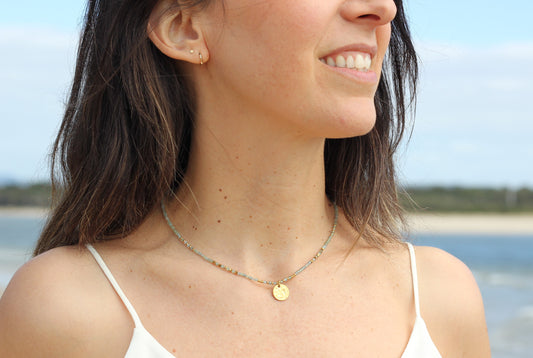 Golden “aqua”, bright blue necklace Alba