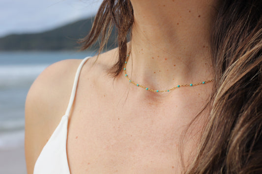 Golden light blue beaded choker Grace
