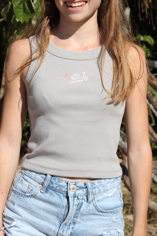 Embroidered Vespa and longboard woman crop tank Olivia