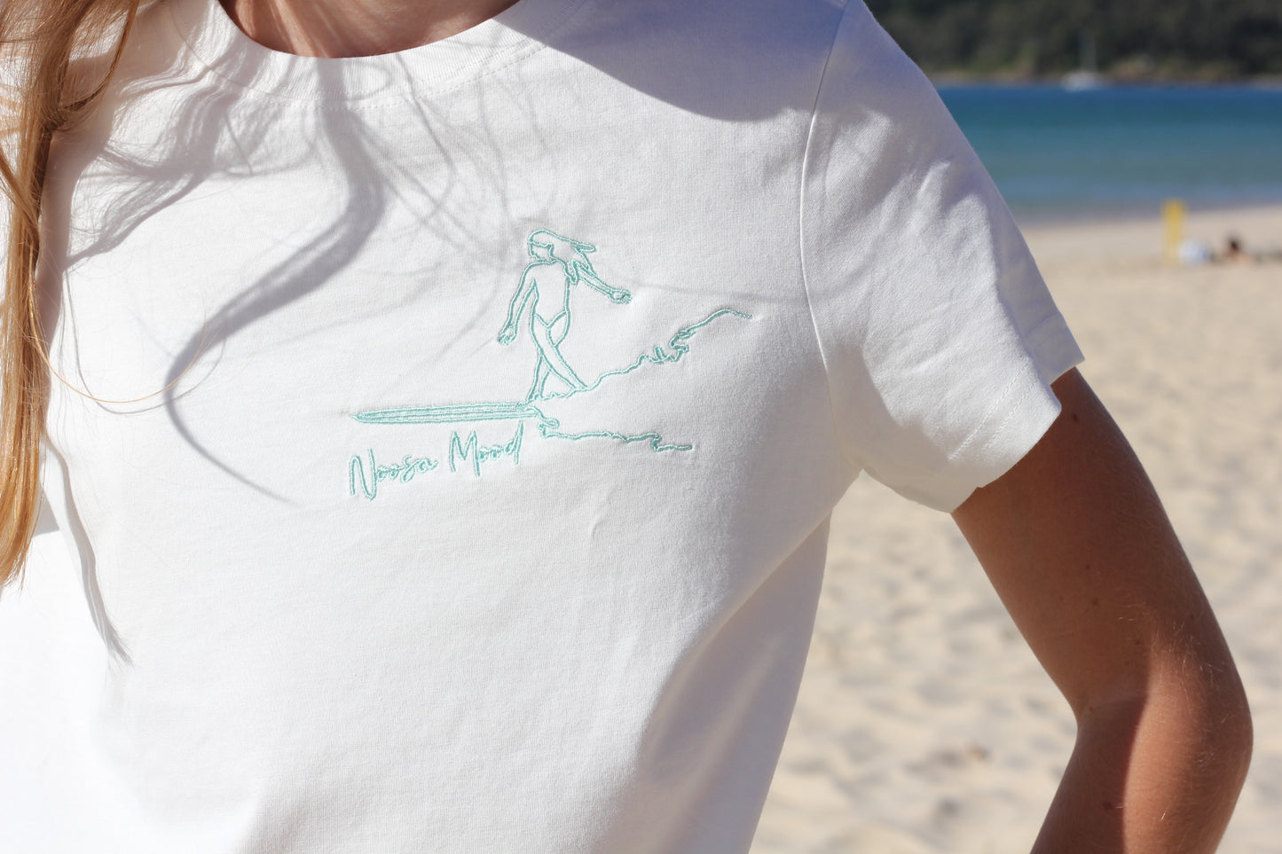Embroidered Aqua blue Longboard woman Noosa Mood T-shirt Hortense