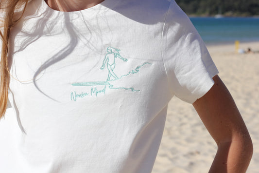 Embroidered Aqua blue Longboard woman Noosa Mood T-shirt Hortense