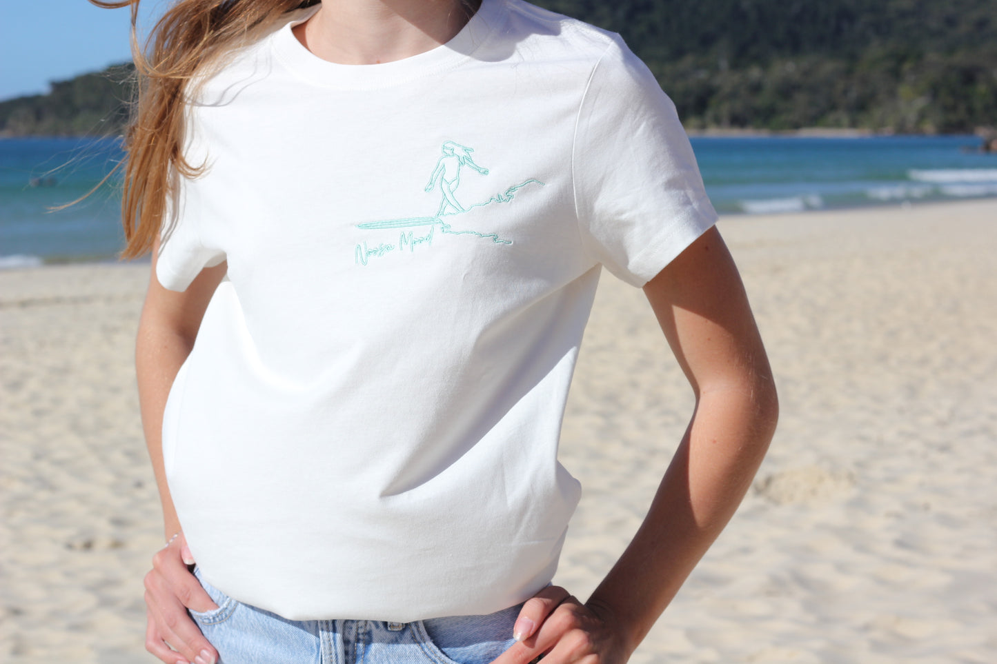 Embroidered Aqua blue Longboard woman Noosa Mood T-shirt Hortense