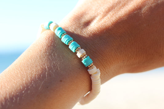 Aqua blue and white beaded stretch bracelet Romy