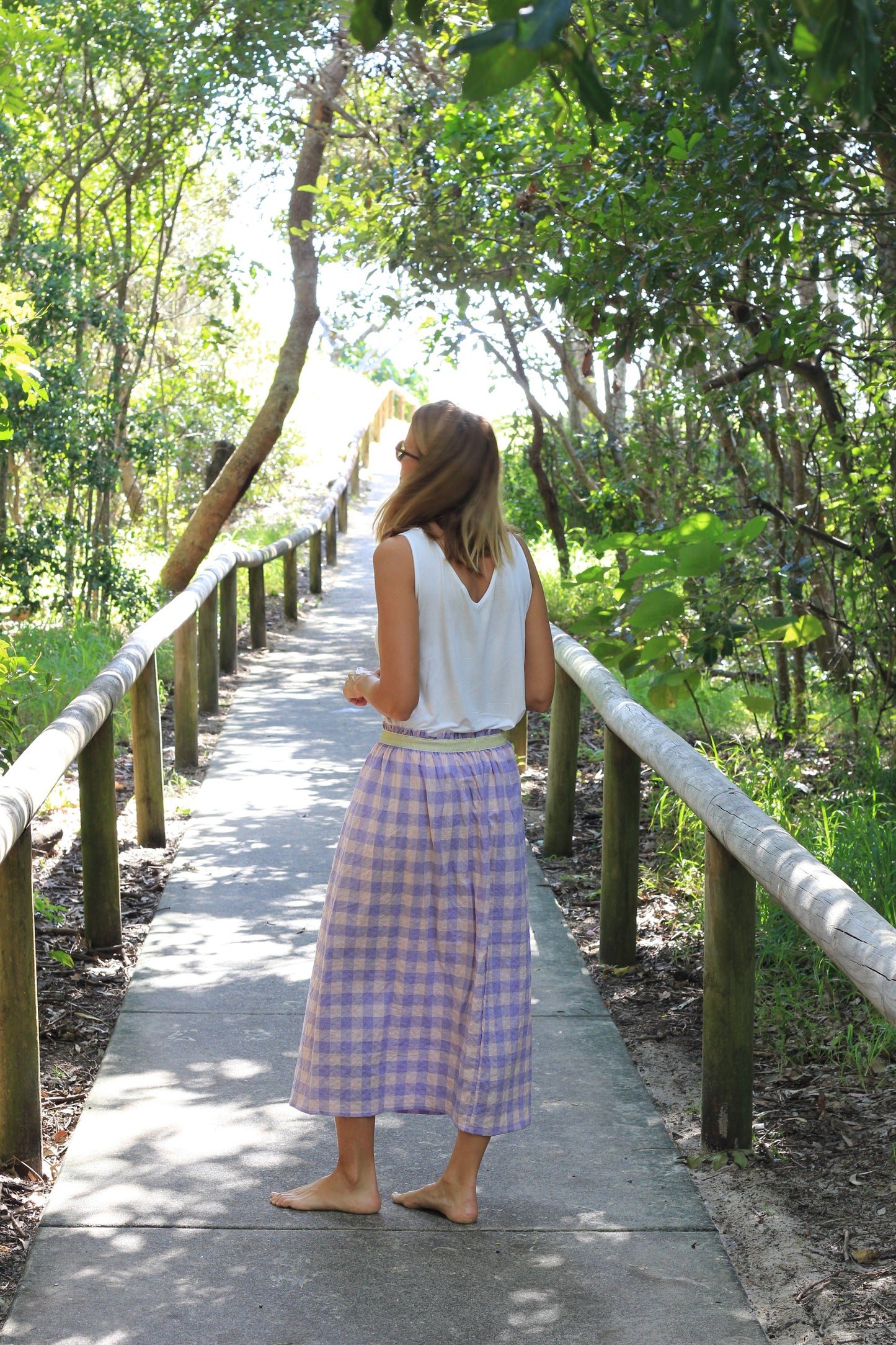 Long woman skirt Harriet, Lilac Bloom cotton fabric with golden elastic