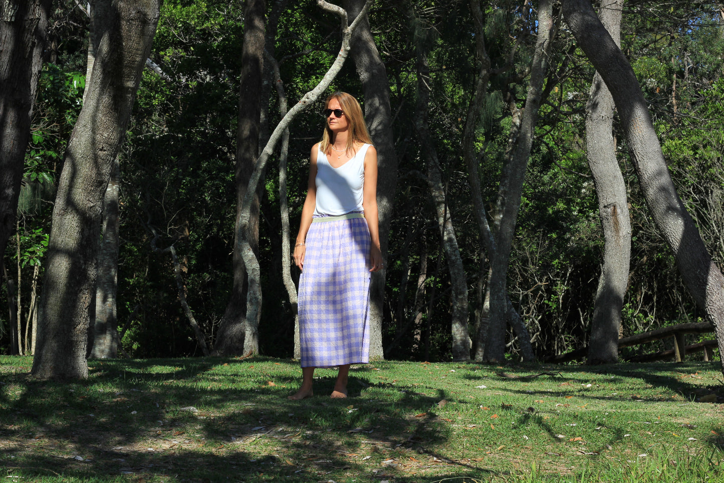 Long woman skirt Harriet, Lilac Bloom cotton fabric with golden elastic