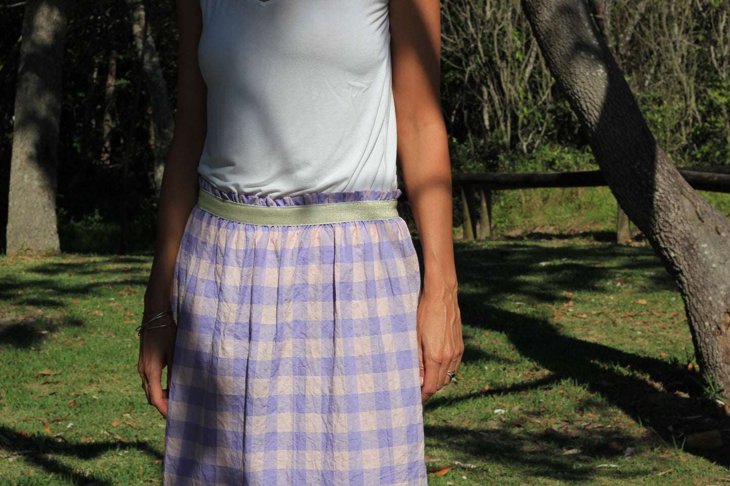 Long woman skirt Harriet, Lilac Bloom cotton fabric with golden elastic