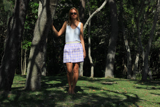 Short woman skirt Harriet, Lilac Bloom cotton fabric with golden elastic