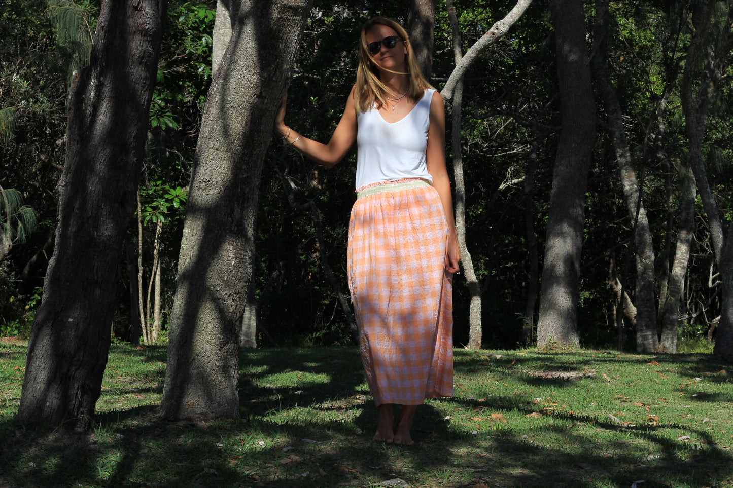 Long woman skirt Harriet, Summer sunset cotton fabric with golden elastic