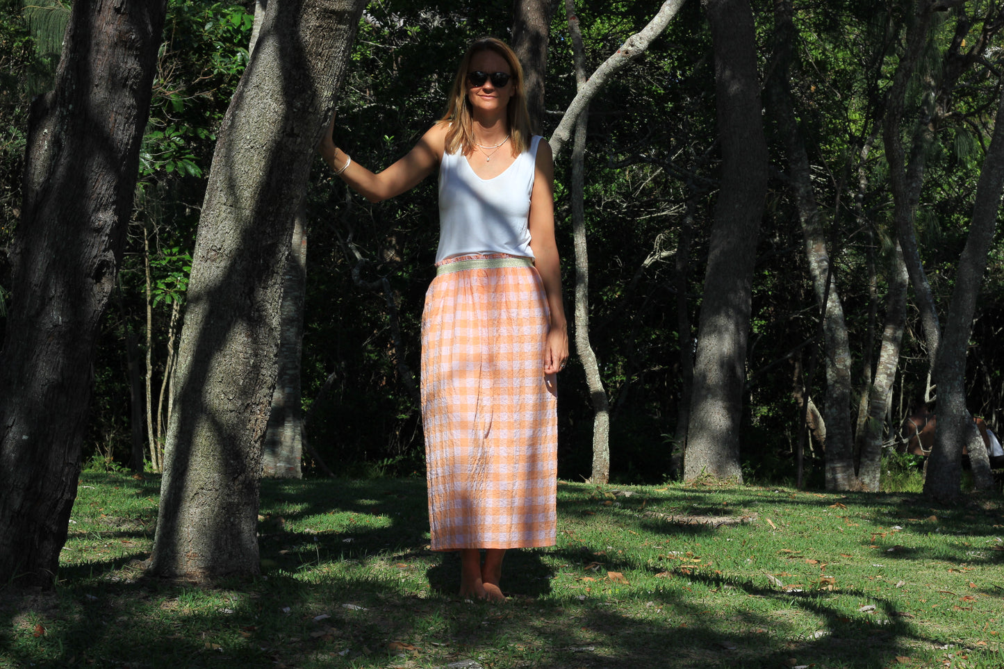 Long woman skirt Harriet, Summer sunset cotton fabric with golden elastic