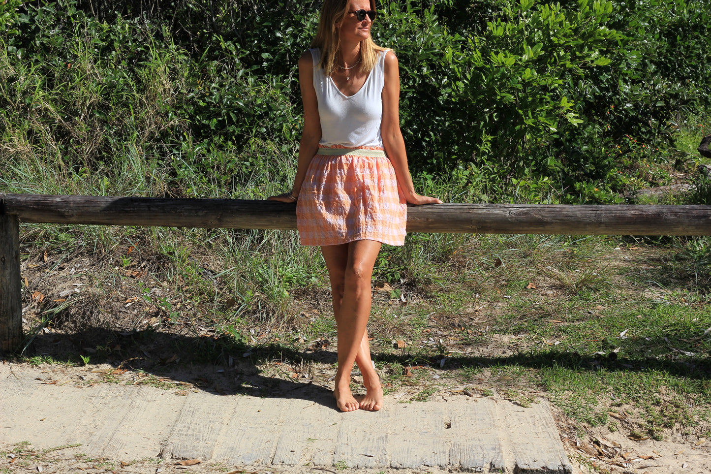 Short woman skirt Harriet, Summer sunset cotton fabric with golden elastic