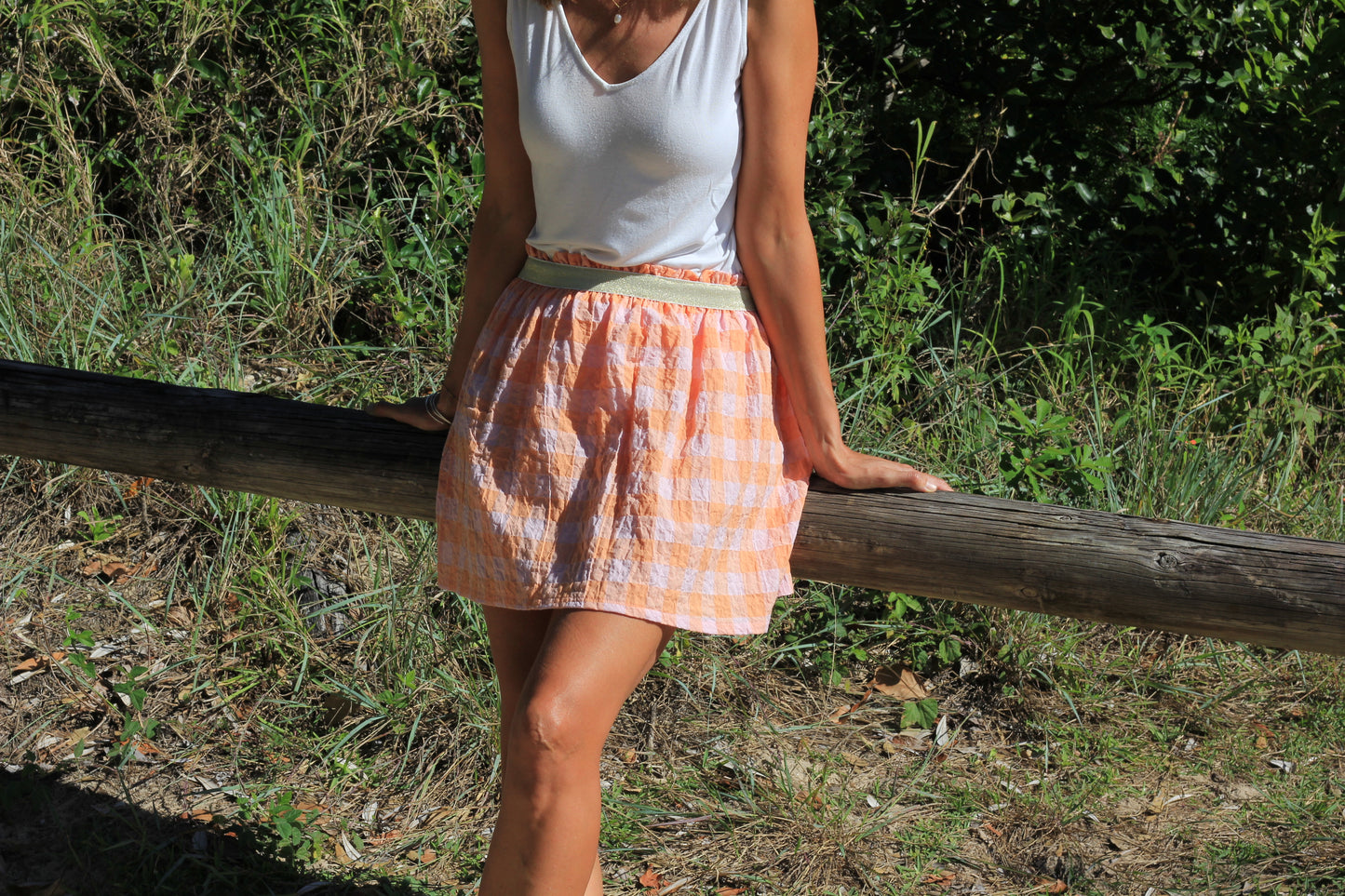 Short woman skirt Harriet, Summer sunset cotton fabric with golden elastic
