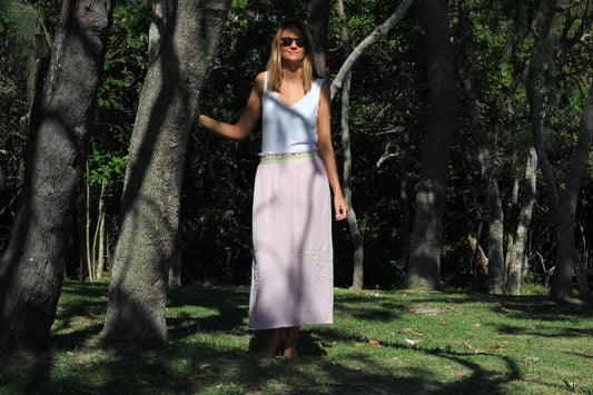 Long woman light pink skirt Harriet, double cloth fabric with golden elastic