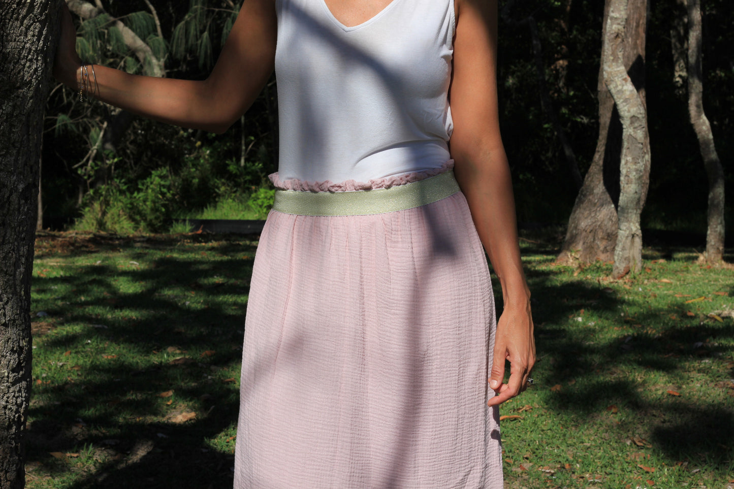 Long woman light pink skirt Harriet, double cloth fabric with golden elastic