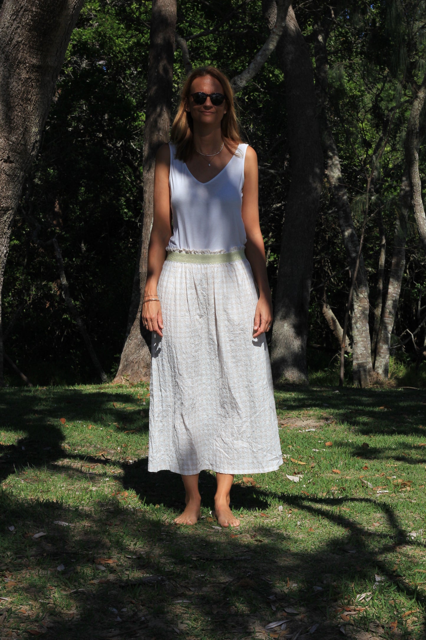 Long woman beige and white gingham skirt Harriet, cotton fabric with golden elastic