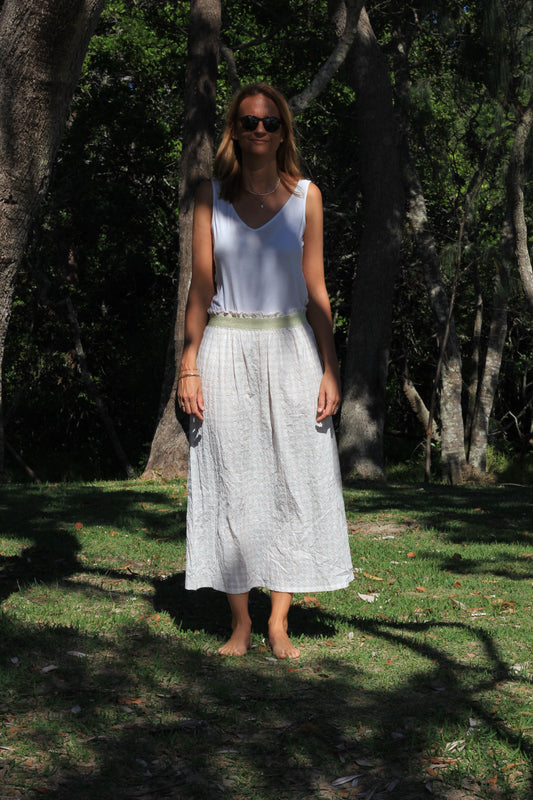 Long woman beige and white gingham skirt Harriet, cotton fabric with golden elastic