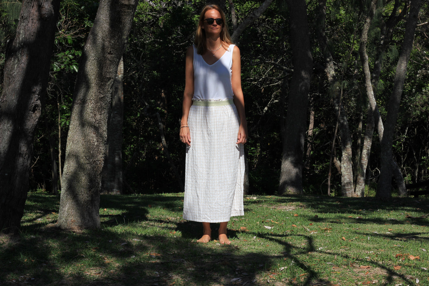 Long woman beige and white gingham skirt Harriet, cotton fabric with golden elastic