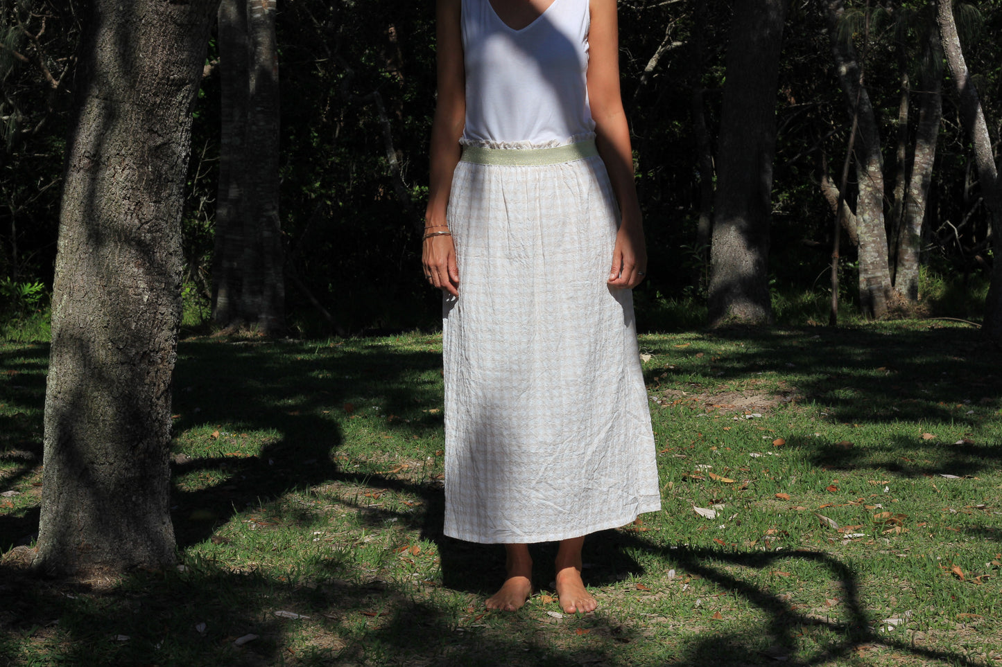 Long woman beige and white gingham skirt Harriet, cotton fabric with golden elastic