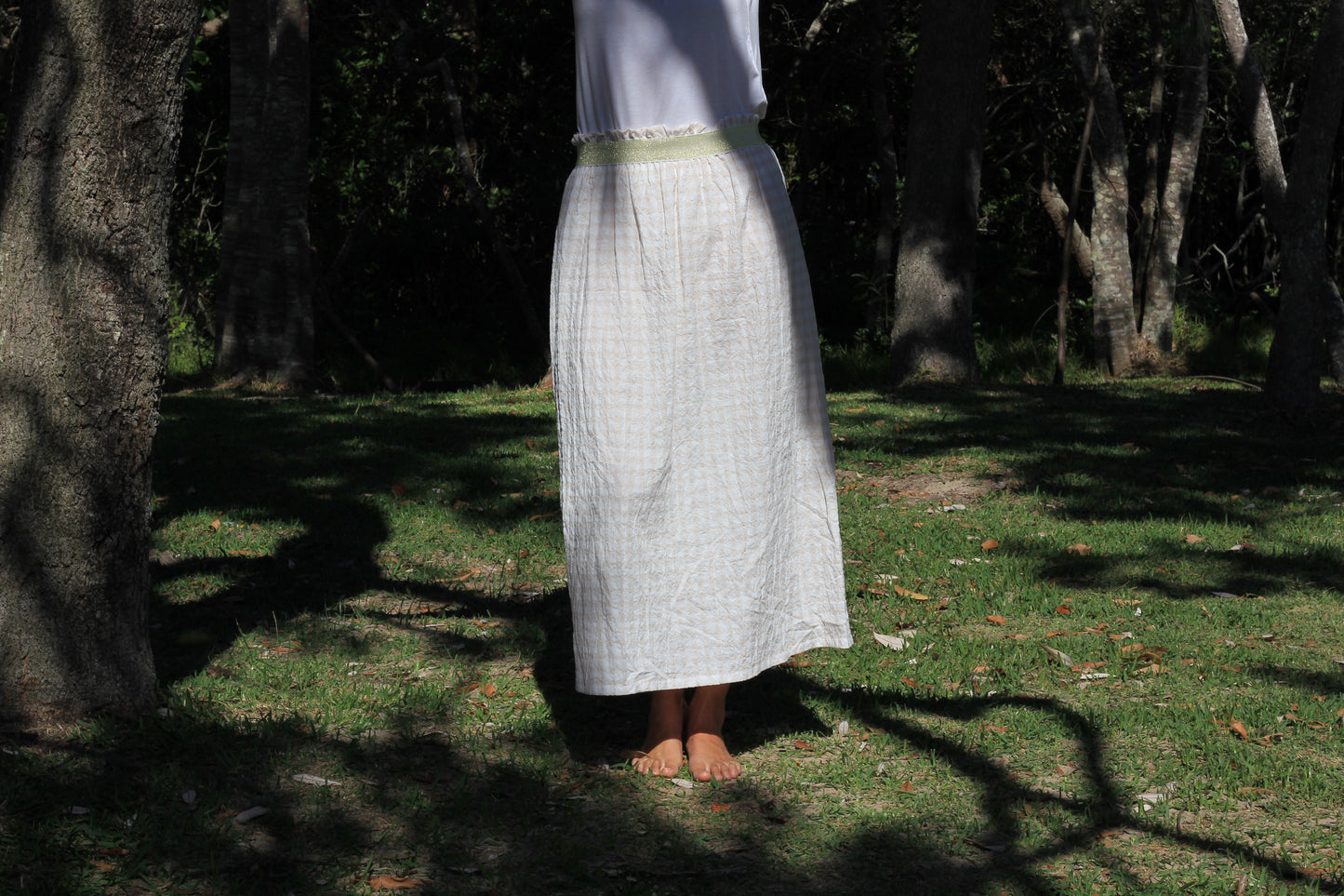 Long woman beige and white gingham skirt Harriet, cotton fabric with golden elastic