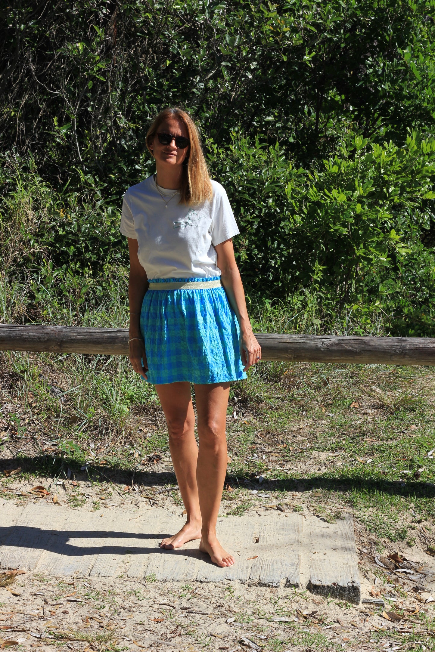 Short woman skirt Harriet,  Coastal mint cotton fabric with golden elastic