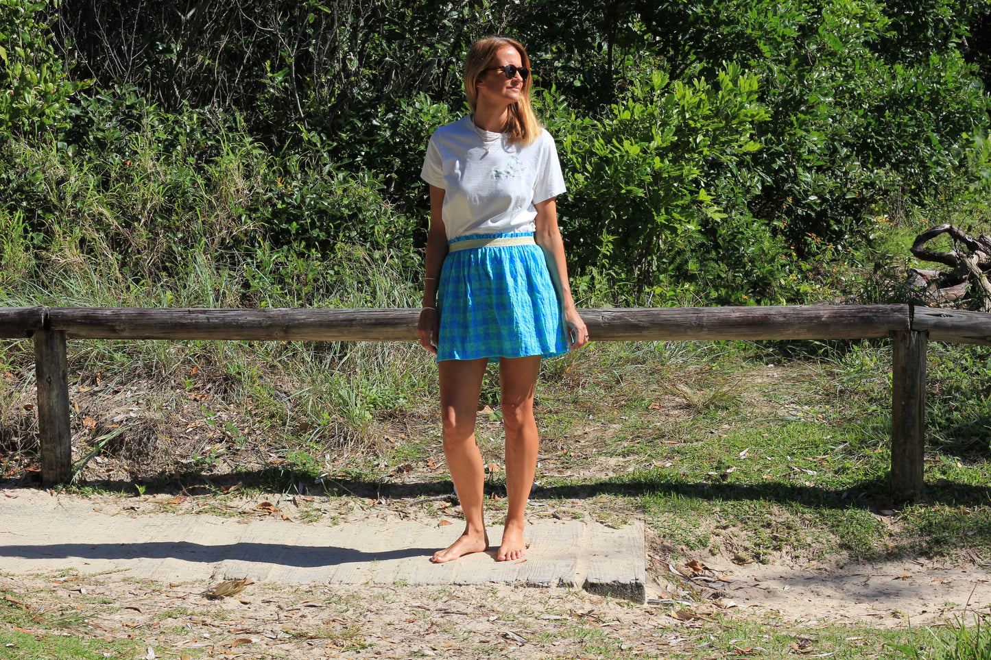 Short woman skirt Harriet,  Coastal mint cotton fabric with golden elastic