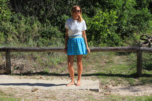 Short woman skirt Harriet,  Coastal mint cotton fabric with golden elastic