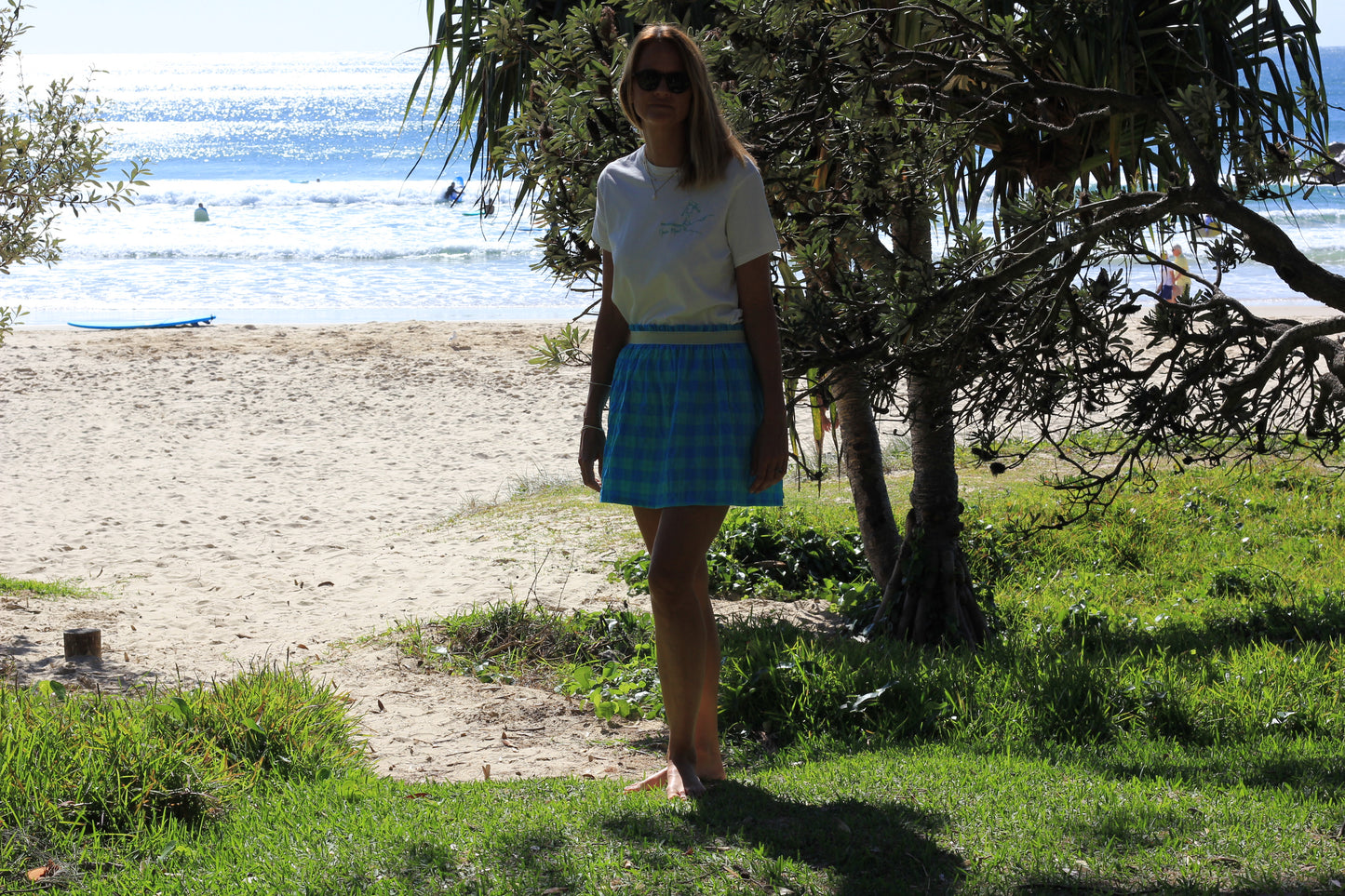 Short woman skirt Harriet,  Coastal mint cotton fabric with golden elastic