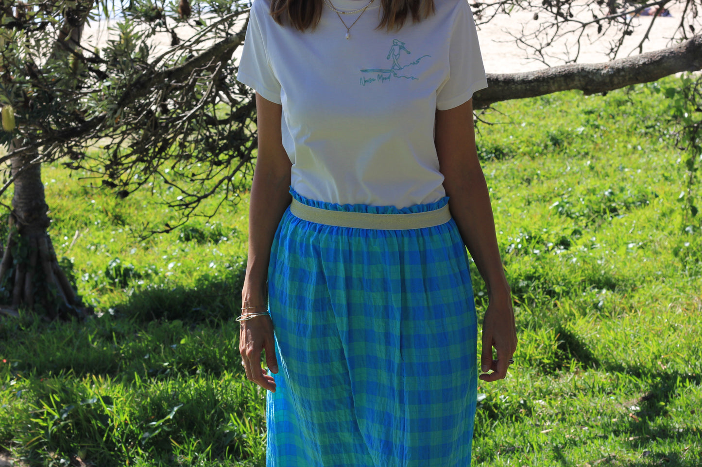 Long woman skirt Harriet,  Coastal mint cotton fabric with golden elastic