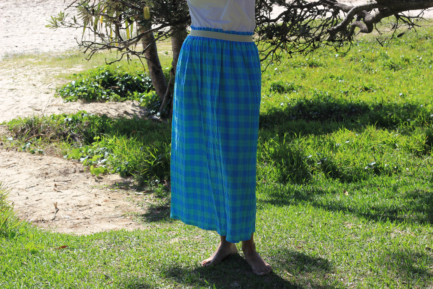 Long woman skirt Harriet,  Coastal mint cotton fabric with golden elastic