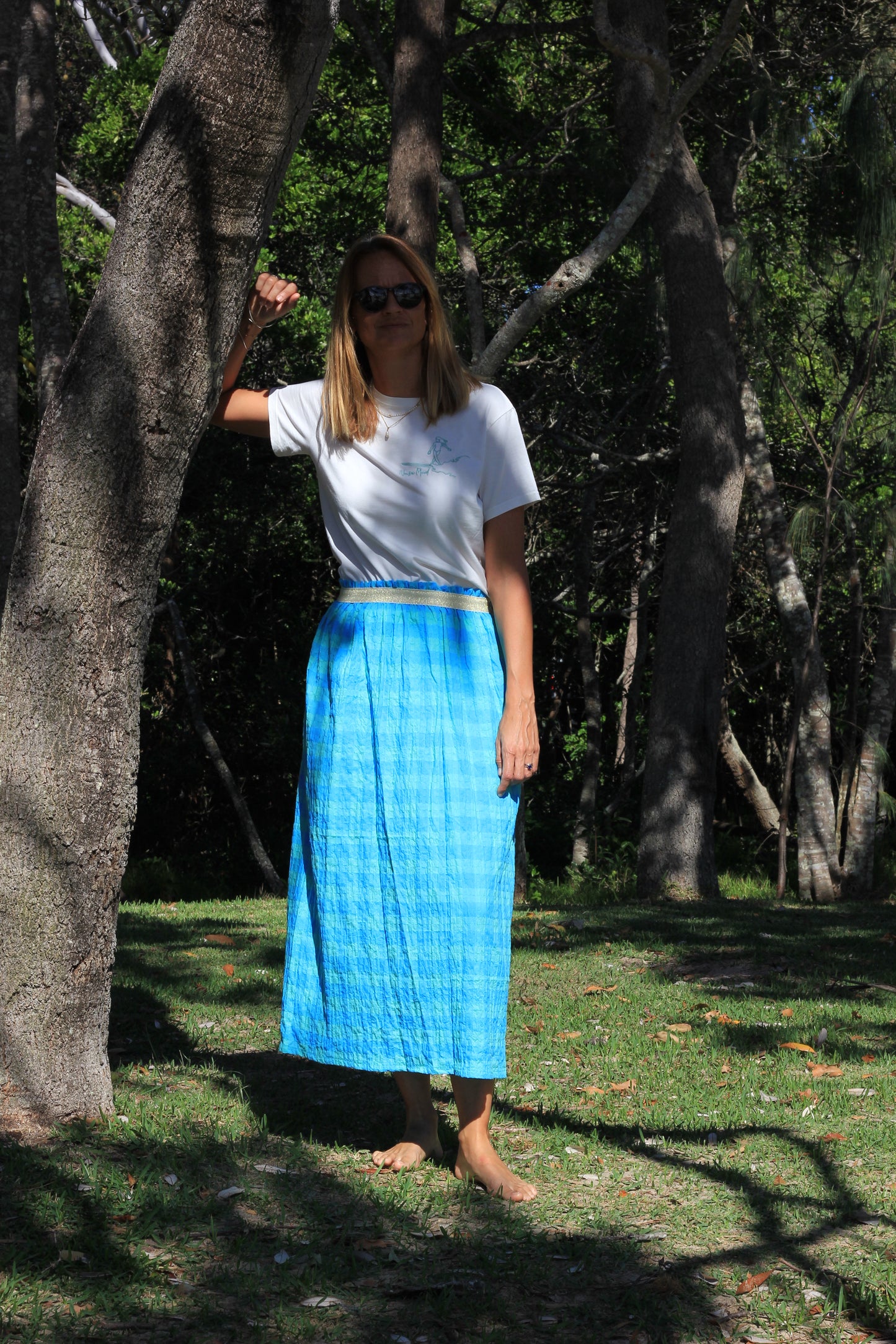 Long woman skirt Harriet,  Coastal mint cotton fabric with golden elastic