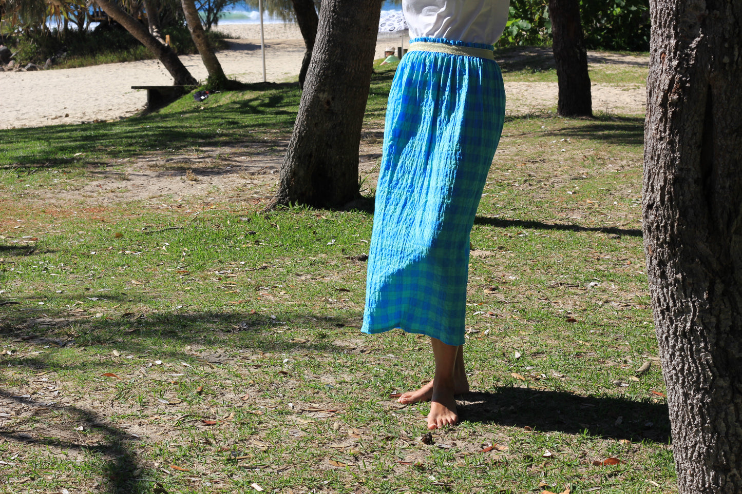 Long woman skirt Harriet,  Coastal mint cotton fabric with golden elastic